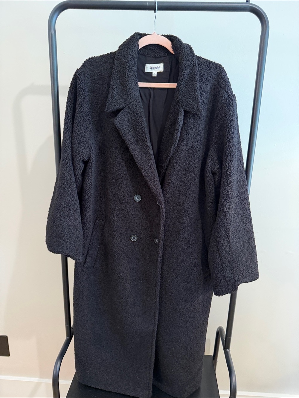 Splendid Black Teddy Coat with Double-Breasted Front